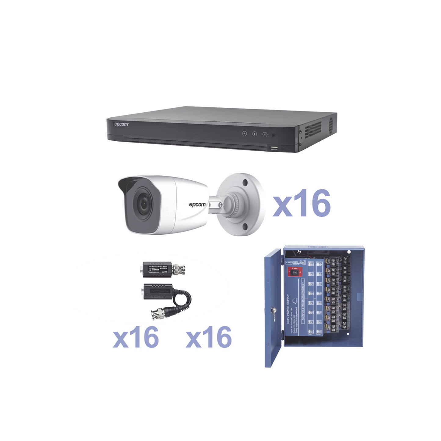 KIT TurboHD 1080p / DVR 16 Canales / 16 Cámaras Bala (exterior 2.8 mm) / Transceptores / Conectores / Fuente de Poder Profesional