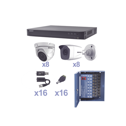 KIT TurboHD 1080p / DVR 16 Canales / 8 Cámaras Bala (exterior 2.8 mm) / 8 Cámaras Eyeball (exterior 2.8 mm) / Transceptores / Conectores / Fuente de Poder Profesional