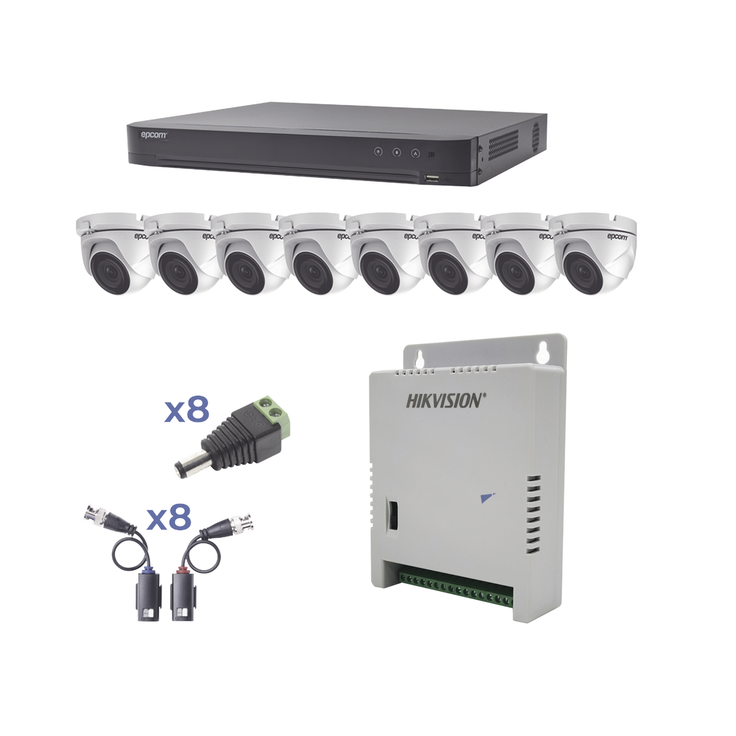 KIT TurboHD 1080p / DVR 8 Canales / 8 Cámaras Eyeball (exterior 2.8 mm) / Transceptores / Conectores / Fuente de Poder Profesional hasta 15 Vcc para Larga Distancia