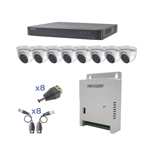 KIT TurboHD 1080p / DVR 8 Canales / 8 Cámaras Eyeball (exterior 2.8 mm) / Transceptores / Conectores / Fuente de Poder Profesional hasta 15 Vcc para Larga Distancia