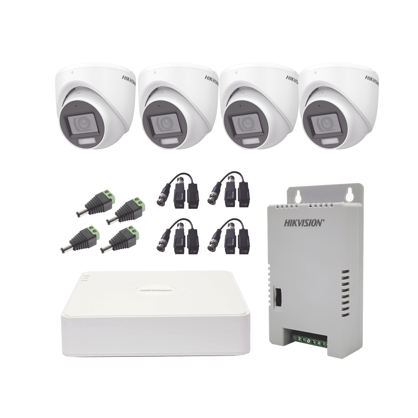 KIT TurboHD 1080p / DVR 4 Canales con audio por coaxitron / 4 Cámaras con Micrófono y  106° Visión/  luz blanca + IR visión nocturna  / Transceptores / Conectores / Fuente de Poder Profesional